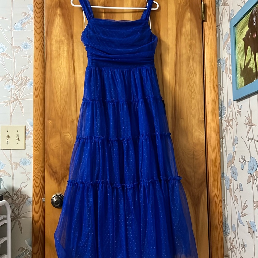 Lulu’s Moment of Perfection Blue Mesh Swiss Dot Tiered Dress Size M